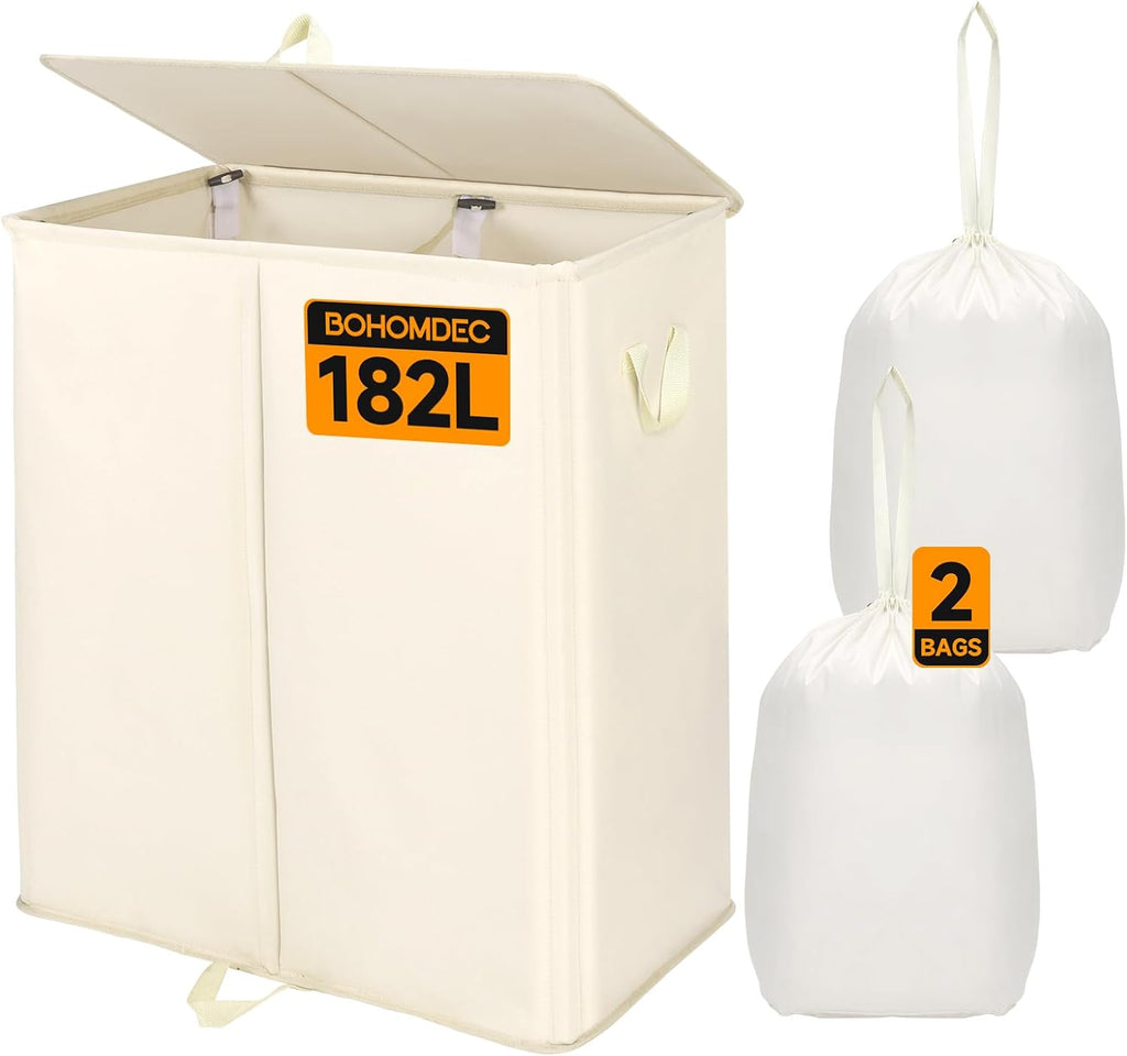 182L Oversized Laundry Hamper 2 Section with Lid and Removable Bags,Double Laundry Basket 30in Dirty Clothes Hamper 2 Dividers for Bedroom,Laundry Room,Bathroom,Dorm Beige White