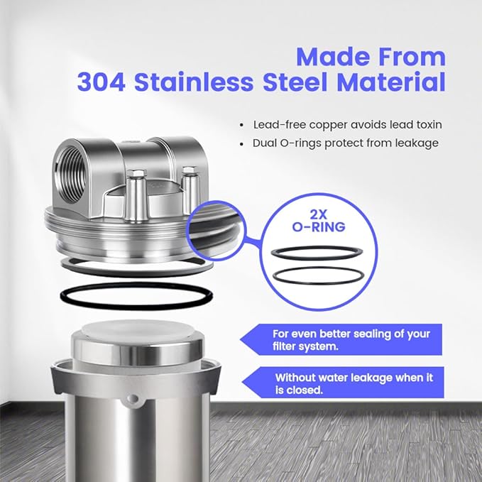 Amwater NSF/ANSI 42 Certification 304 Stainless Steel Filter Housing for 10" Filter Cartridge, 1/2NPT Water Filter Housing, Drain Valve Style C (Square Head)