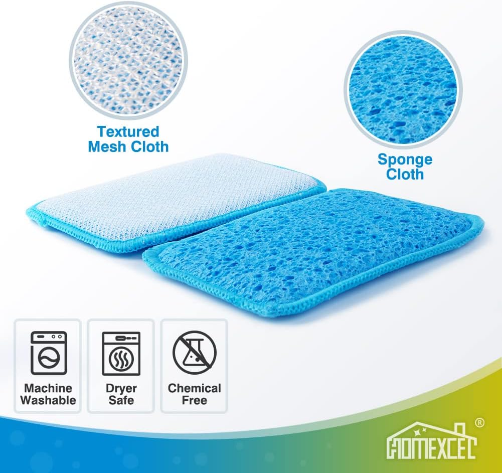 HOMEXCEL 12 Pack Scrub & Wipe Cloths, Dual-Sided Sponges for Kitchen, All-Purpose Cloth for Dishes, Pots, Pans, Non-Stick Cookware, Countertops (Red, Yellow, Blue)