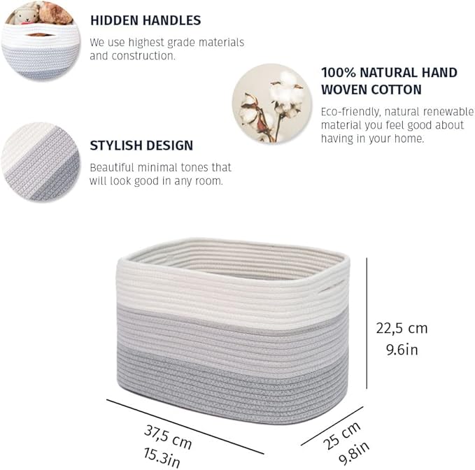 OrganiHaus Cotton Rope Storage Basket for Closet | Towel Basket for Bathroom | Woven Basket for Storage | Woven Baskets for Organizing | Soft Basket | Decorative Cotton Rope Basket for Storage - Gray