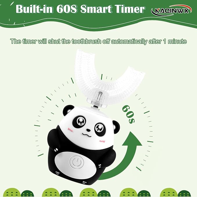Kids U Shaped Electric Toothbrush for Age 2-12, Rechargeable Toddler Toothbrush with Smart Timer & 3 Clean Modes, Panda Design, IPX7 Waterproof, 3 Brush Heads & 360°Cleaning