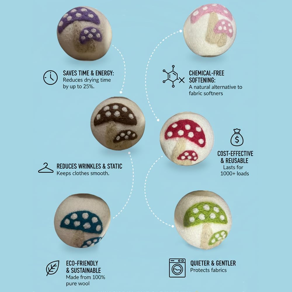 Ezhippie Quality Wool Dryer Balls - 6 XL Mushroom Pack - 1000+ Loads - Pure Organic Wool - Reusable Natural Fabric Softener Perfect with Essential Oils, Reduce Clothing Static and Wrinkles