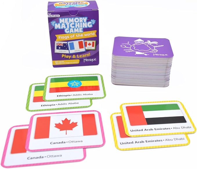 Menique Flags of The World Memory Matching Game – 100 Cards, 50 Countries to Match – Educational & Fun for Kids and Adults – Color-Coded by Continent – Learn Flags, Capitals, and Geography
