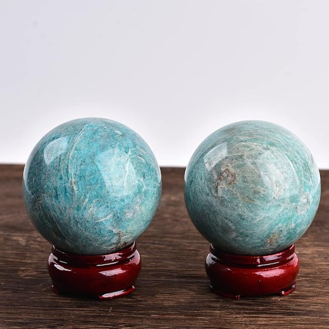 JIC Gem Amazonite Crystal Ball with Wood Stand Gemstone Sphere,Healing Crystal Balls for Reiki Chakra Decoration Fengshui (2.8-3.2inch)