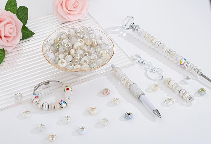 LAIDANLA White Mix Large Hole Beads, 100pcs 15mm Round European-Style Resin, Plastic, Acrylic Craft Beads for Jewelry Making, Bracelet, Necklace, Decoration