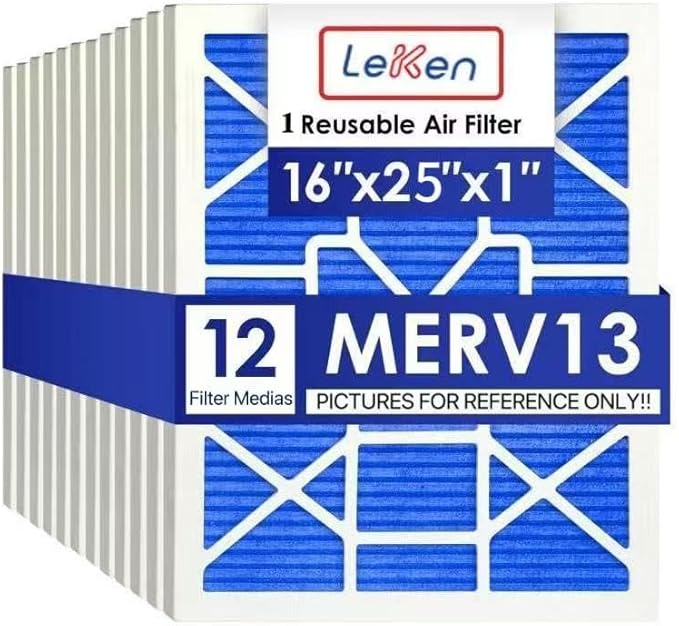 LEKEN 16x25x1 AC Furnace HVAC Filter Reusable Electrostatic Filters MERV 13 For Households With Pets, Contain 1 Reusable ABS Frame+12 Air Filter Medias