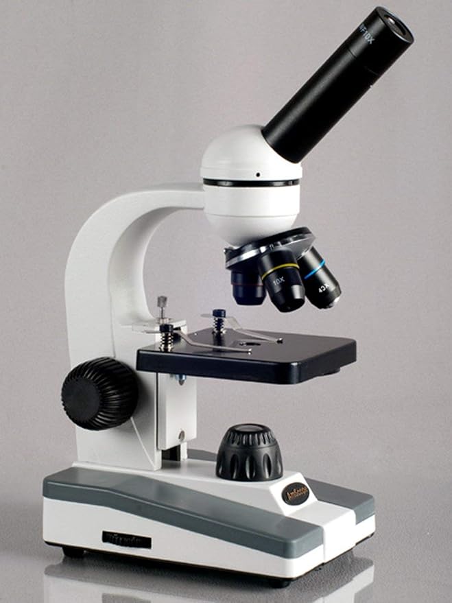AmScope M148 Compound Monocular Microscope, WF10x Eyepiece, 40x-400x Magnification, LED Illumination, Brightfield, Single-Lens Condenser, Plain Stage, 110V or Battery-Powered, White