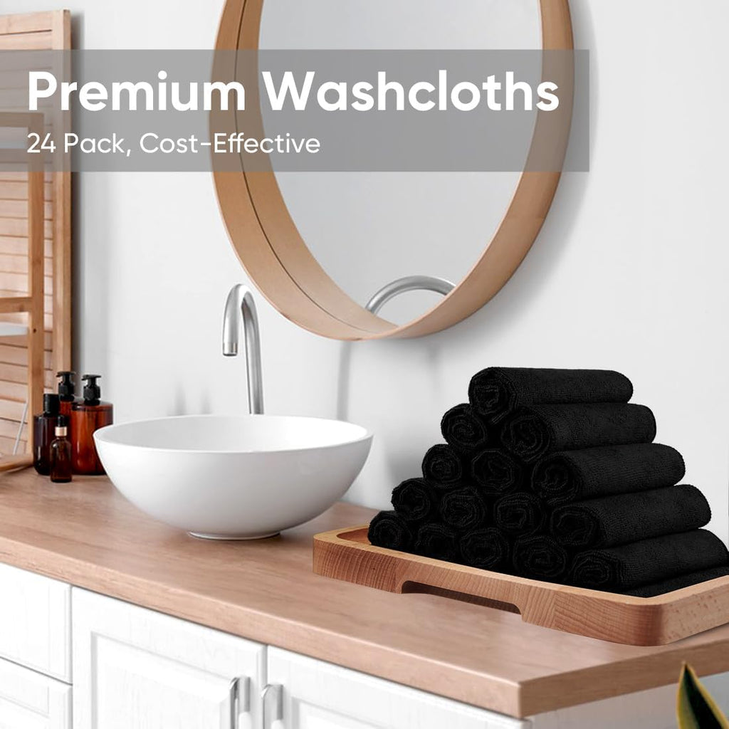HOMEXCEL Black Washcloths 24 Pack, Highly Absorbent and Soft Microfiber Face Towel, Makeup Remover Towels, Multi-Purpose Wash Cloths for Bathroom, Hotel, Spa, Gym, and Kitchen, 12x12 Inch