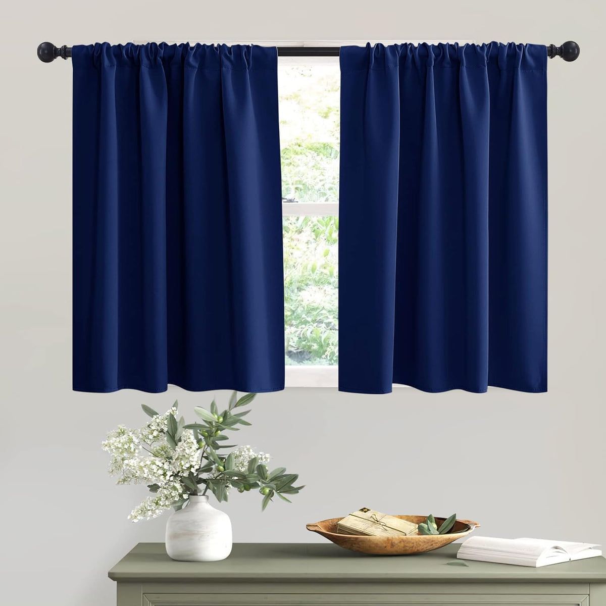 RYB HOME Kitchen Curtains 36 inch Long for Small Window Curtains Short Drapes for Bedroom, Half Window Tiers for Kids Room Bathroom Nursery, W 42 x L 36 in per Panel, Marine Blue, 2 Pcs