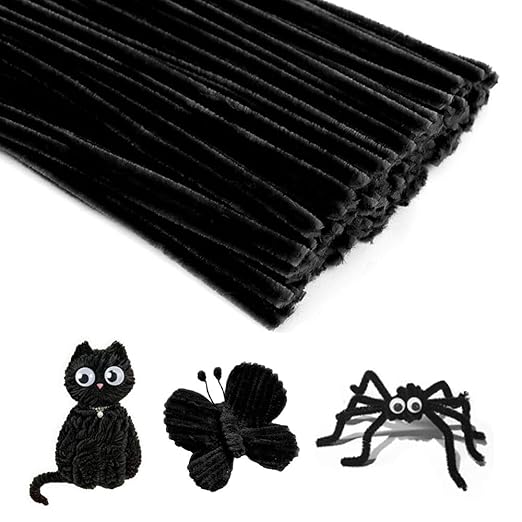 100 Pieces Pipe Cleaners Chenille Stem, Black Pipe Cleaners Set for Pipe Cleaners Halloween DIY Arts Crafts Decorations, Chenille Stems Pipe Cleaners (Black)