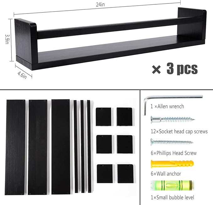AZSKY Classic Nursery Book Shelves Black Wooden Floating Shelves Wall Bookshelf for Bathroom Decor Kitchen Spice Rack Organizer Kids Room 24 Inch Set of 3