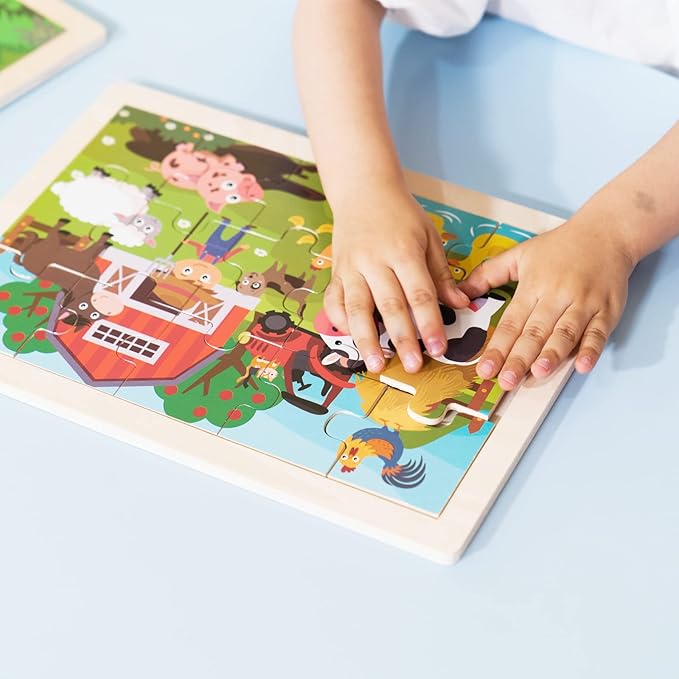Animals Wooden Jigsaw Puzzle for Kids Set of 2 - African Wildlife and Farm Animals（15 pcs） Preschool Educational Learning Toys Gift for Toddlers Boys and Girls