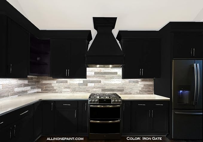 ALL-IN-ONE Paint, Durable cabinet and furniture paint. Built in primer and top coat, no sanding needed. Includes our 30 featured color card - Iron Gate (black), Gallon