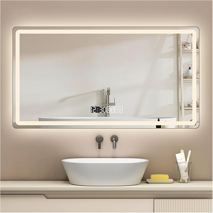 Backlit LED Illuminated Bathroom Mirror with LED Lights, Lighted Bathroom Makeup Wall Mounted Mirror with Demister Pad, Sensor Touch Switch, Horizontal/Vertical(B,H70*W90CM/H27.5*W35.4IN)