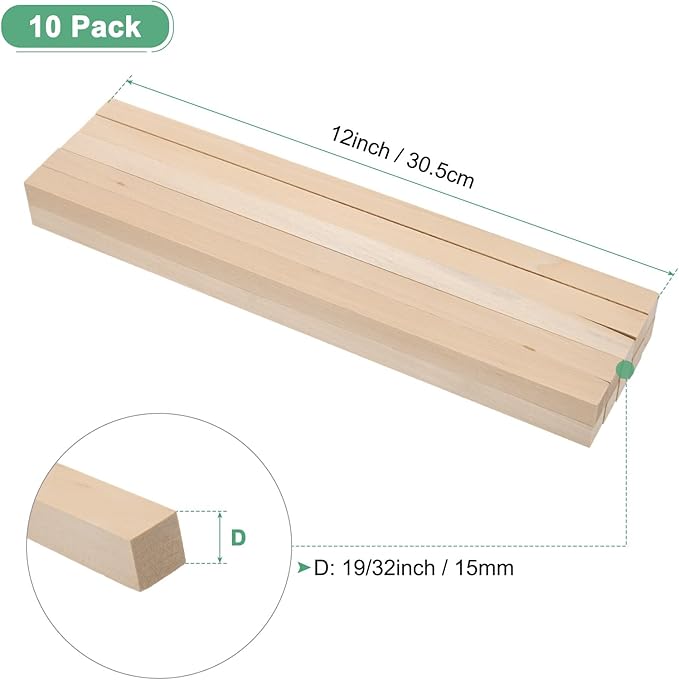 10-Pack Wood Square Dowel Rods, 19/32 x 12 Inch Unfinished Wooden Square Dowel Rod, Hardwood Square Dowel Sticks for Crafts/DIY Projects/Models Making [Wood Color]