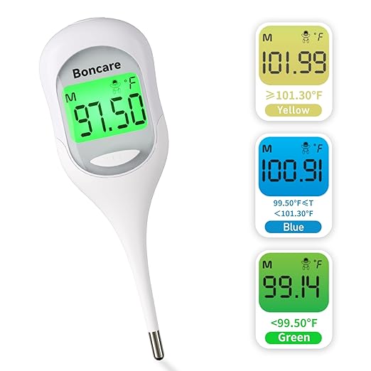Boncare 9 Seconds Digital Basal Thermometer - Accurate Oral & Rectal Thermometer for Adults & Kids, Fever Alarm, Large Display (White)