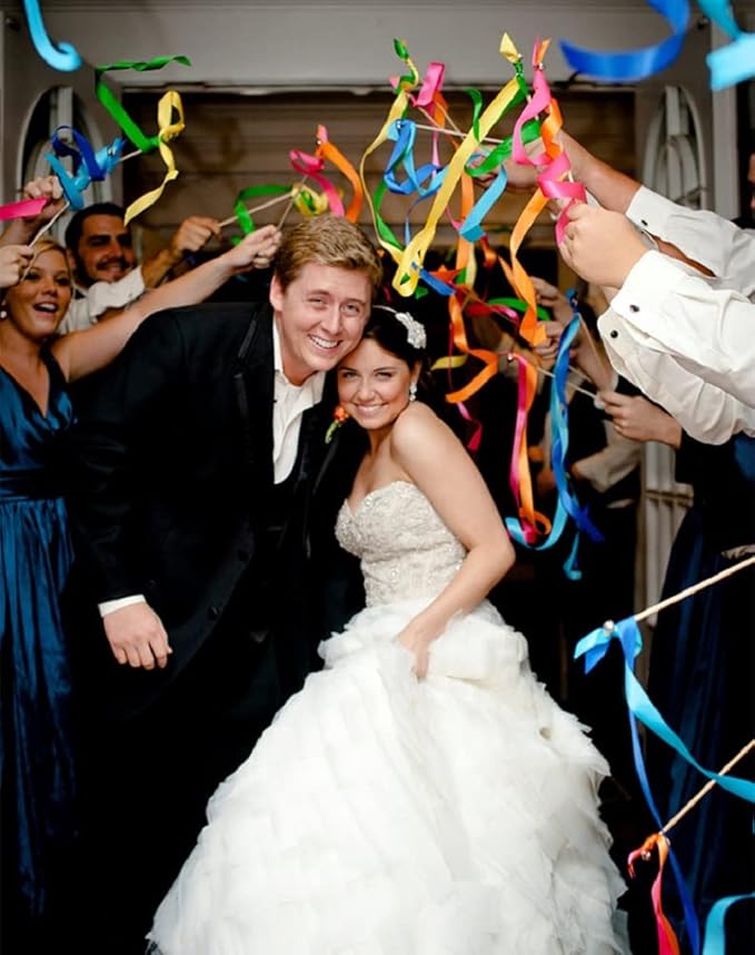 Kingsnow 100 Pieces Multi-Color Ribbon Wands Streamers Sticks with Gold Bell, Chromatic Silk Wish Wands Fairy Stick Party Rhythm Ribbon Streamers for Wedding Send Off Bridal Shower Party Photo Props