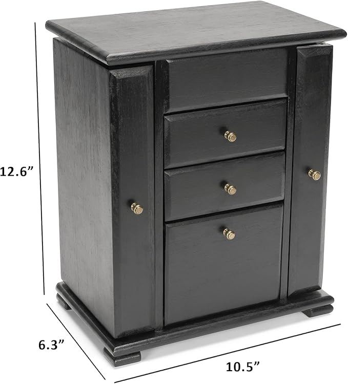 Jewelry Box for Women, Rustic Wooden Jewelry Boxes & Organizers with Mirror, 4 Layer Jewelry Organizer Box Display for Rings Earrings Necklaces Bracelets (Black)