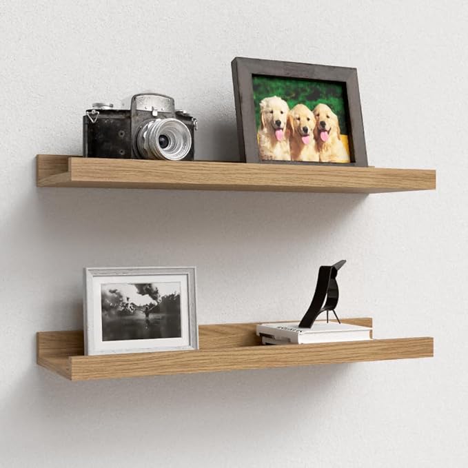 Floating Shelves Wall Mounted Set of 2, Modern Wall Shelves for Storage with Lip, Display Picture Ledge Shelf for Wall Decor Bedroom Living Room Bathroom Kitchen - Oak