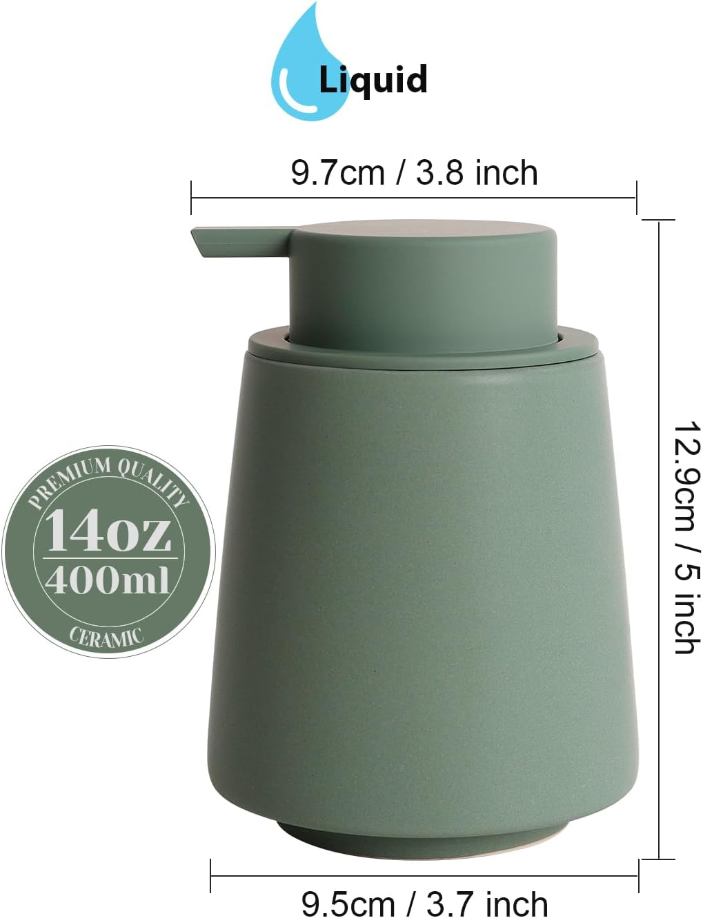 INGOFIN Ceramic Soap Dispenser, 14 oz Bathroom Hand Soap Dispenser, Liquid Dispenser with Pump, Refillable Modern Lotion Dish Dispenser for Kitchen, Matte Green