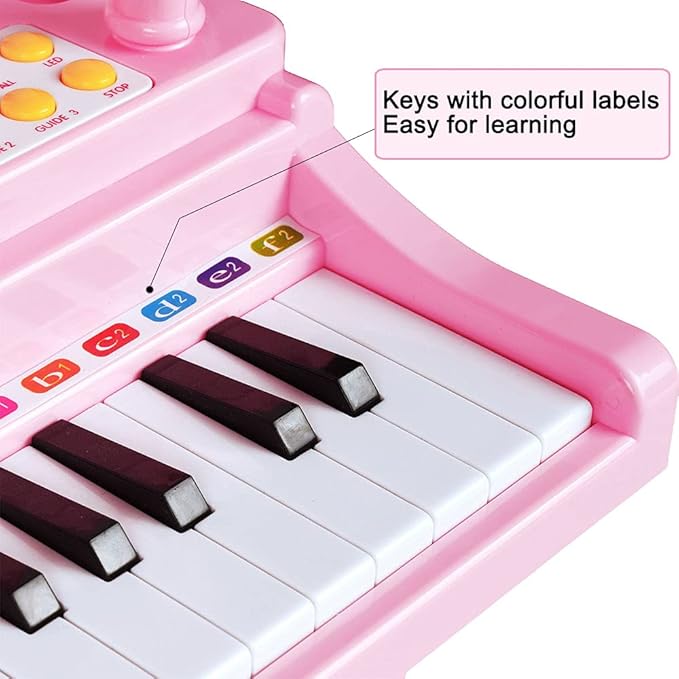 31 Keys Piano Keyboard Toy for Kids, Birthday Gift for 1 2 Year Old Girls，Pink Musical Piano Toy for Toddlers with Microphone and Stool