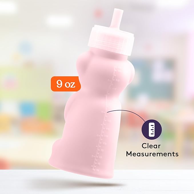 Special Supplies Honey Bear Straw Cup Long Straws, Squeezable Therapy and Special Needs Assistive Drink Container, Spill Proof and Leak Resistant Lid (Pack of 1 Bottle and 3 Straws) (Pink)