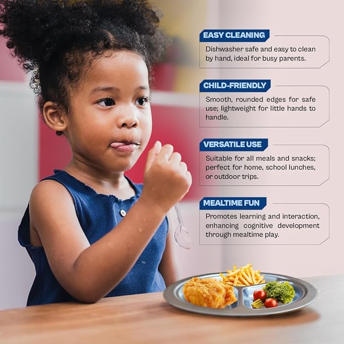 Stainless Steel Plates for Kids, Toddler Plate, Non Toxic Baby Dinnerware, BPA-Free Feeding Tray, Durable, Easy to Clean, Compatible with Dishwasher, Freezer, Microwave