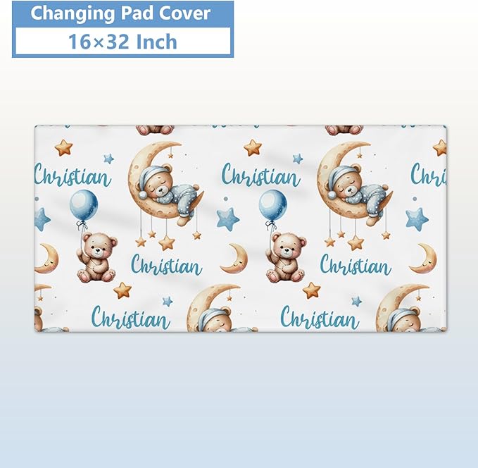 Personalized Crib Set, 5 Pcs Custom Baby Crib Set with Name, Blue Moon Bear Baby Bedding Set for Boys Girls, Double Layer Nursery Bedding Set, Toddlers Infants New Parents Gift