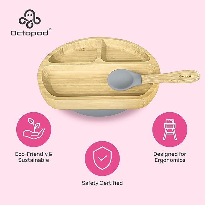 Abiie Octopod Bamboo Dish - Kids Plates for 4 months and up, 3-Compartment Baby Plates with Suction, Triangle Bamboo Baby Plate, Mess-Free Toddler Suction Plates, Baby Feeding Supplies, 8.3x1.9x7.7 in