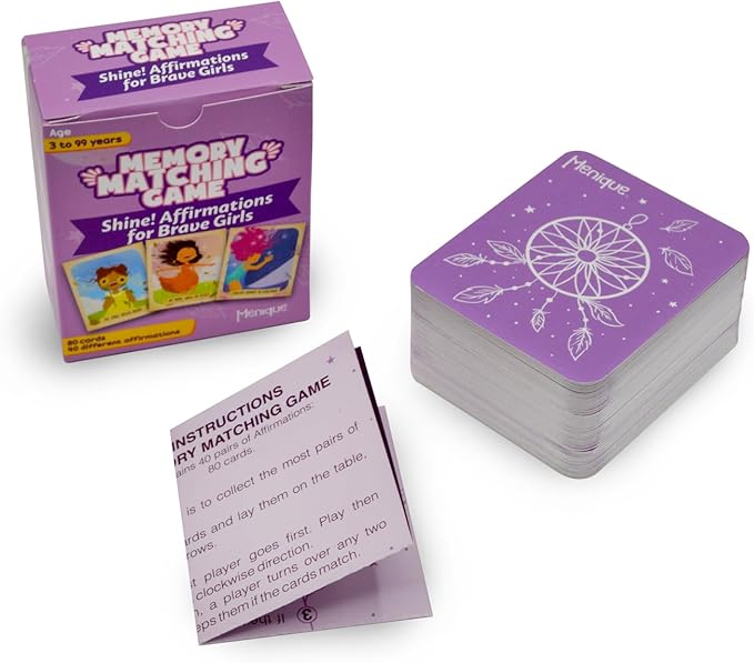 Menique Shine Memory Matching Game – 80 Cards (40 Pairs) with Positive Affirmations for Brave Girls – Motivational & Mindful Matching Game for Confidence and Self-Love