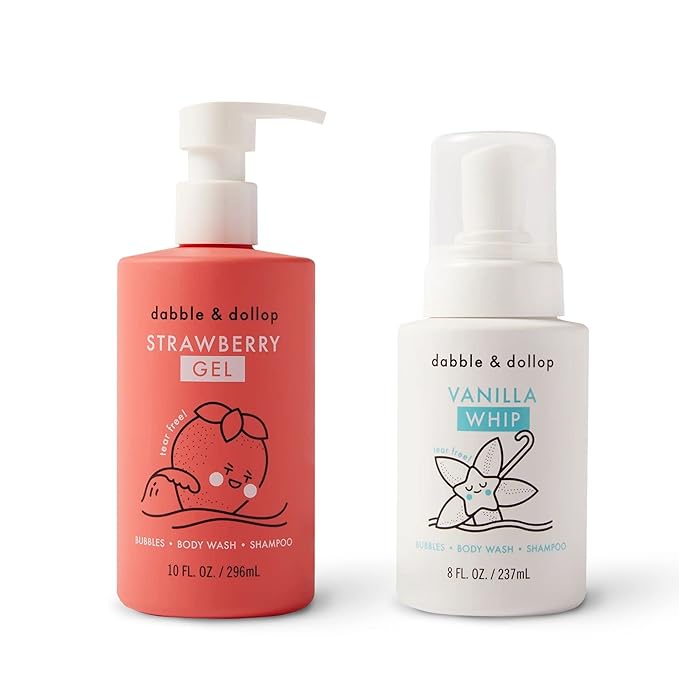 Dabble & Dollop Strawberry + Vanilla Body Wash & Shampoo – 3-in-1 Natural Bubble Bath for Kids, Made in USA, No Parabens or Sulfates, Vegan, Gluten-Free, Tear-Free (2-Pack)