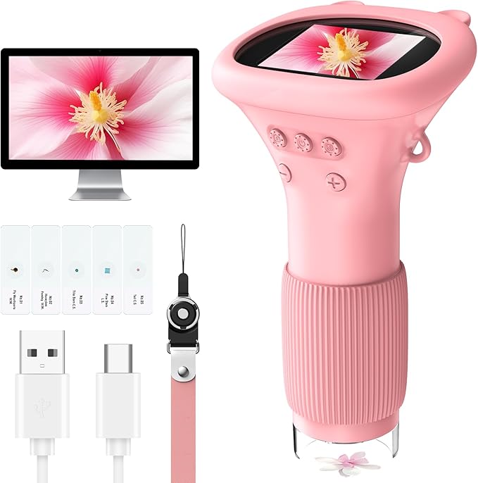 MAXLAPTER Portable Digital Microscope for Kids: 1000X Handheld Kid Microscope with 2'' Screen and 8 LED Lights - Pocket Miniscope Edu Science Toys Birthday Gifts for Age 3-5 5-7 8-12 Girls Boys, Pink