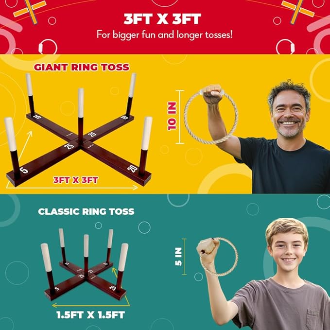 SWOOC Games - Rustic Ring Toss Game (All Weather) - Easy Setup & Extra Games Included - Ring Toss Game for Adults - Outdoor Acitivities for Adults - Yard Toys for Kids - Backyard Fun - Outdoor Party