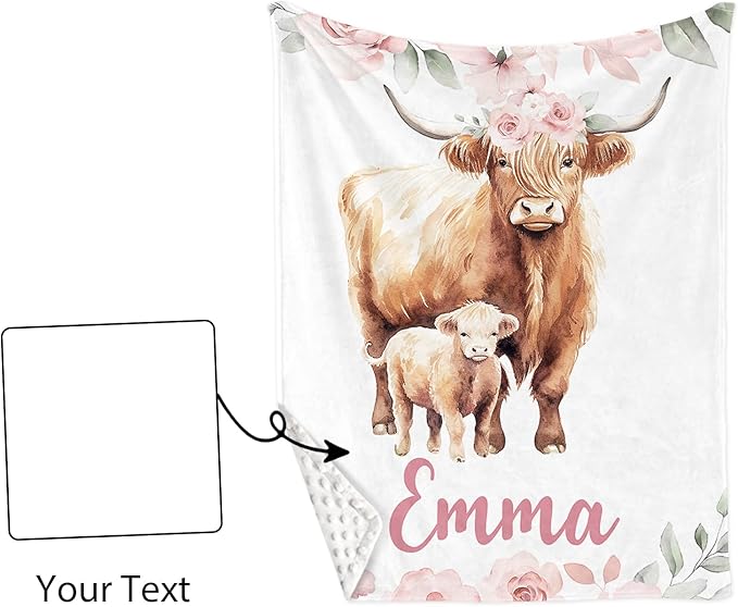 Personalized Baby Crib Bedding Set for Baby Girls, Pink Highland Cow Pattern Custom Name Baby Crib Sets 5-Pcs, Toddler Double Layer Blanket Fitted Sheets Changing Pad Cover Rug Wall Art Set