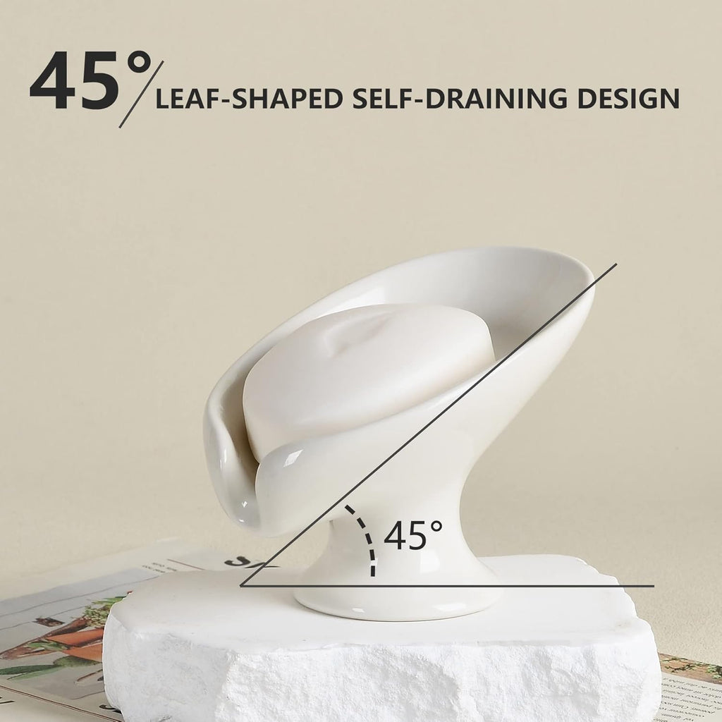 Soap Dish Set, Self Draining Bar Soap Holder for Bathroom Sink, Leaf Shaped Drainage Soap Dish Ceramic White Porcelain Decorative Soap Dishes 2PCS, ANTIS'S HOME