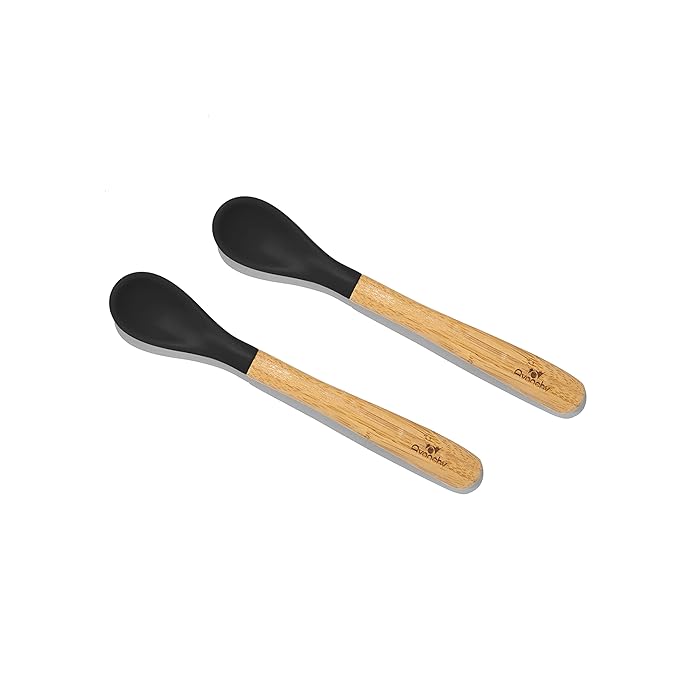 Avanchy Bamboo & Silicone Infant Training Spoons, BPA Free - Soft Tip, Easy on Gums, First Stage Feeding Utensils for Baby-Led Weaning, Self-Feeding, Black