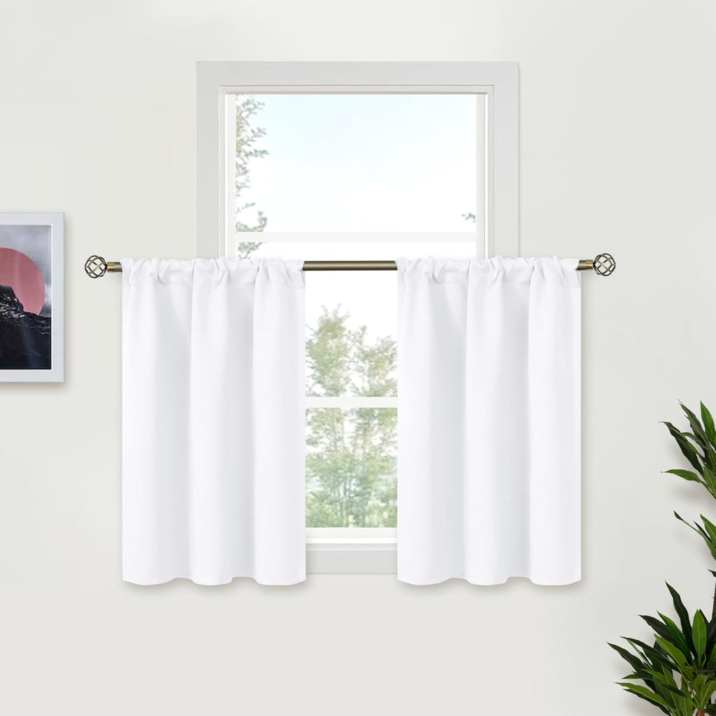 BGment White Curtains 36 Inches Length for Kitchen Cafe Window, Rod Pocket Small Half Window Drapes Privacy for Bathroom Rv Bedroom, 2 Panels, 34 x 36 Inch