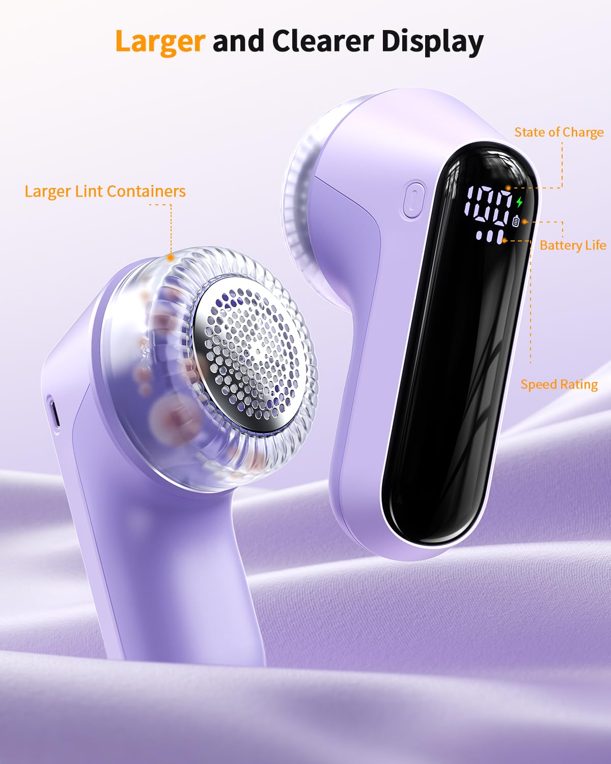 Fabric Shaver, Rechargeable Lint Shaver with Digital Display, Electric Portable Sweater Shaver with 6-Leaf Blades and Safety Lock, 3-Speeds Lint Remover to Remove Pilling for Clothes, Couch （Purple）