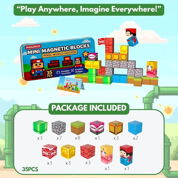 35PCS Pixel World Edition Mini Magnetic Blocks – Creative 3D Building Cubes, STEM Educational Travel Magnet Toy with Iron Box, Safe Learning Gift for Kids Ages 3–8, Boys & Girls