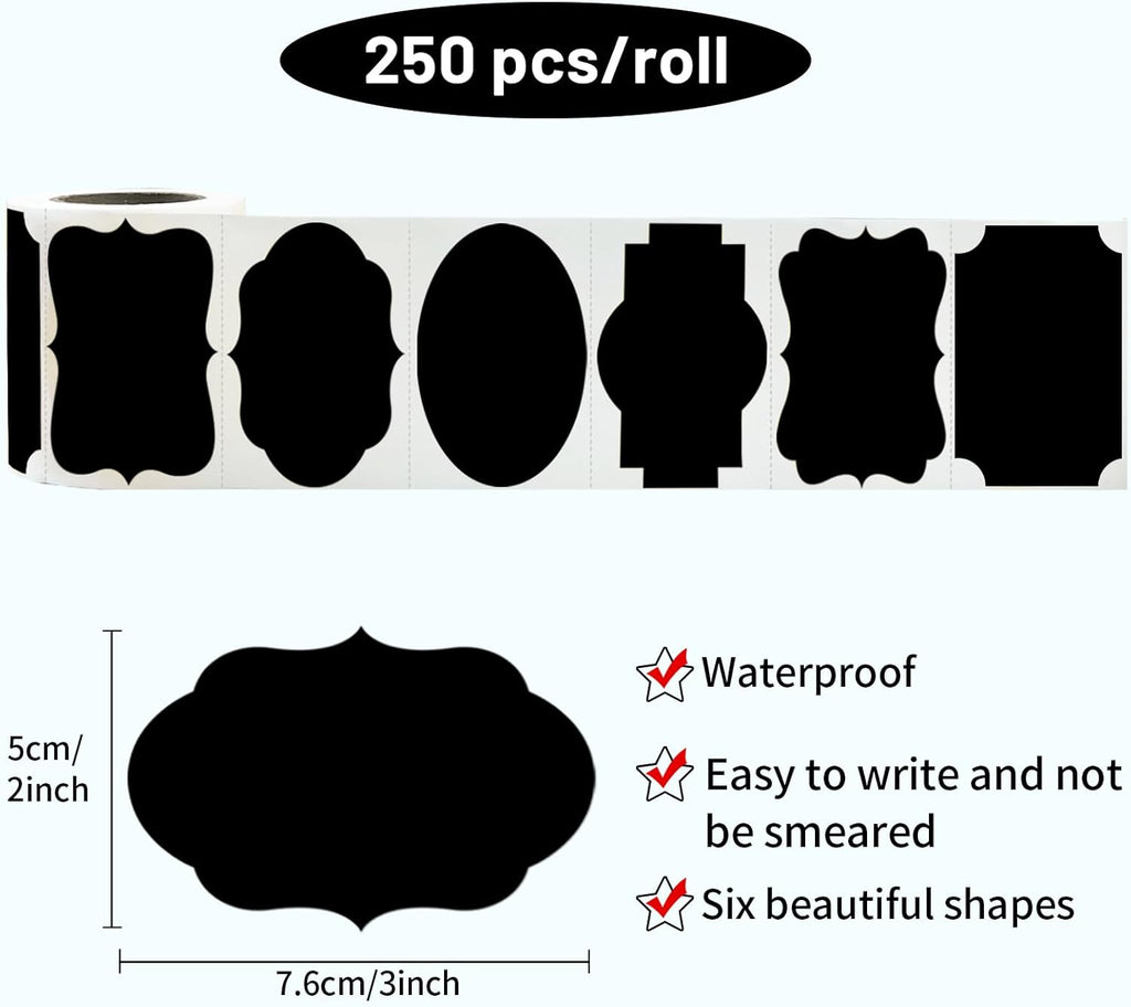 Black Labels Stickers, 250 PCS 3" x 2" Fancy Shape Sticker for Storage Box or Food Jars Holiday Present Christmas Gift Tags