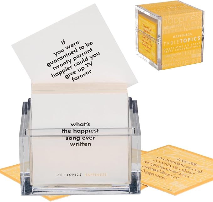 TableTopics Happiness Question Card Game - 135 Conversation Starter Cards with Tips, Ideas, & Quotes to Spark Meaningful Discussions with Adults at Dinner Parties, Girls’ Nights, and More