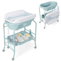 BABY JOY Baby Bathtub with Changing Table, Foldable Infant Diaper Changing Station with Storage Tray, Waterproof Pad, Portable Newborn Nursery Organizer Bath Stand with 4 Universal Wheels (Blue)