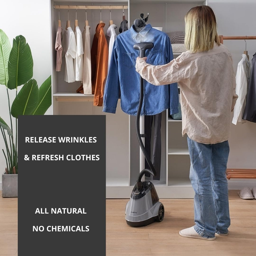 True & Tidy Heavy Duty Commercial Full Size Standing Garment Steamer for Clothes with Extra Large 2.9L (98 oz) Water Tank for 90+ mins of Steam Time, 1800 watts of Powerful Steam, 3 Settings, Gray
