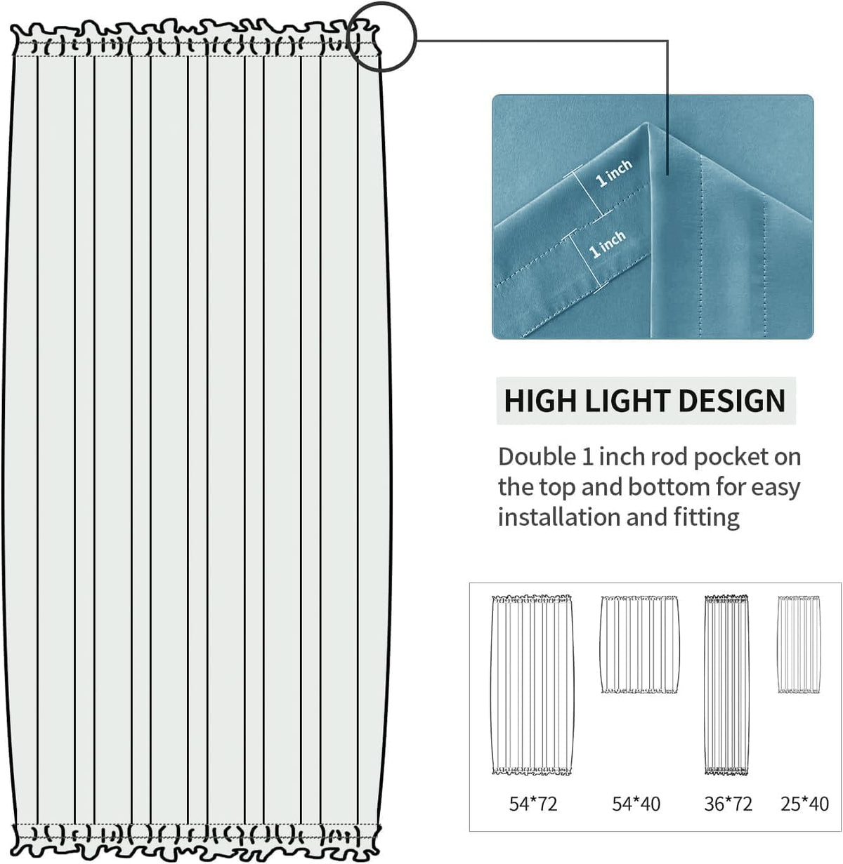 DWCN French Door Curtains – Rod Pocket Thermal Blackout Curtain for Doors with Glass Window, Kitchen and Patio Doors for Privacy, 36 X 72 Inches Long, 1 Curtain Panel with Tieback, Stone Blue