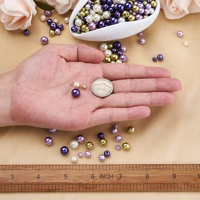 About 1840Pcs 4/6/8mm Glass Pearl Beads Pearlized Beads Multi Colors Round Spacer Beads for DIY Craft Jewelry Making Hole: 1mm, Mixed Purple&Light Yellow