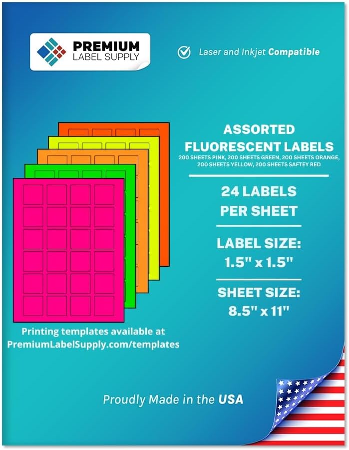 Premium Label Supply Bright Neon Color Fluorescent Sticker Labels - 1.5" x 1.5" Square Labels - (Assorted Fluorescent, 24,000 Labels)