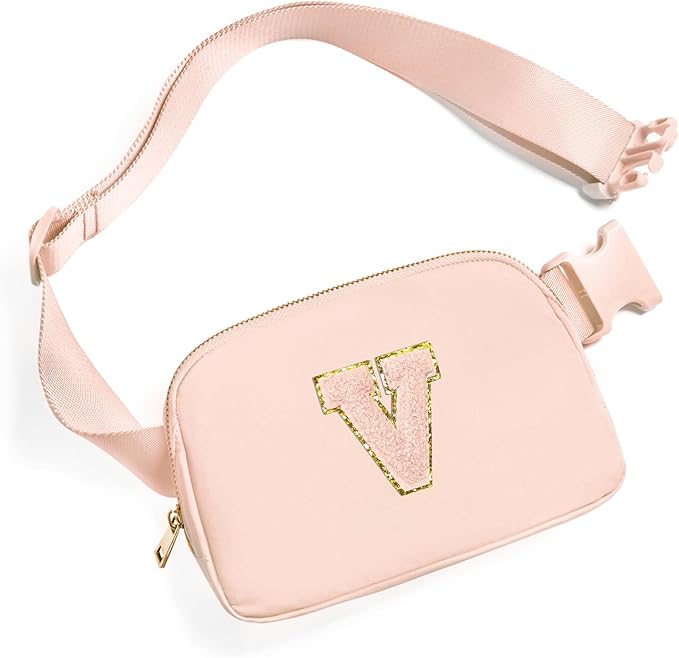 Gitus Gifts for 8 9 10 11 12 Year Old Girls Belt Bag Fanny Pack Crossbody Bags with Initial Letter Patch Cute Stuff Birthday Gifts for Teen Girls Women Personalized Trend Stuff (Coral Pink-V)