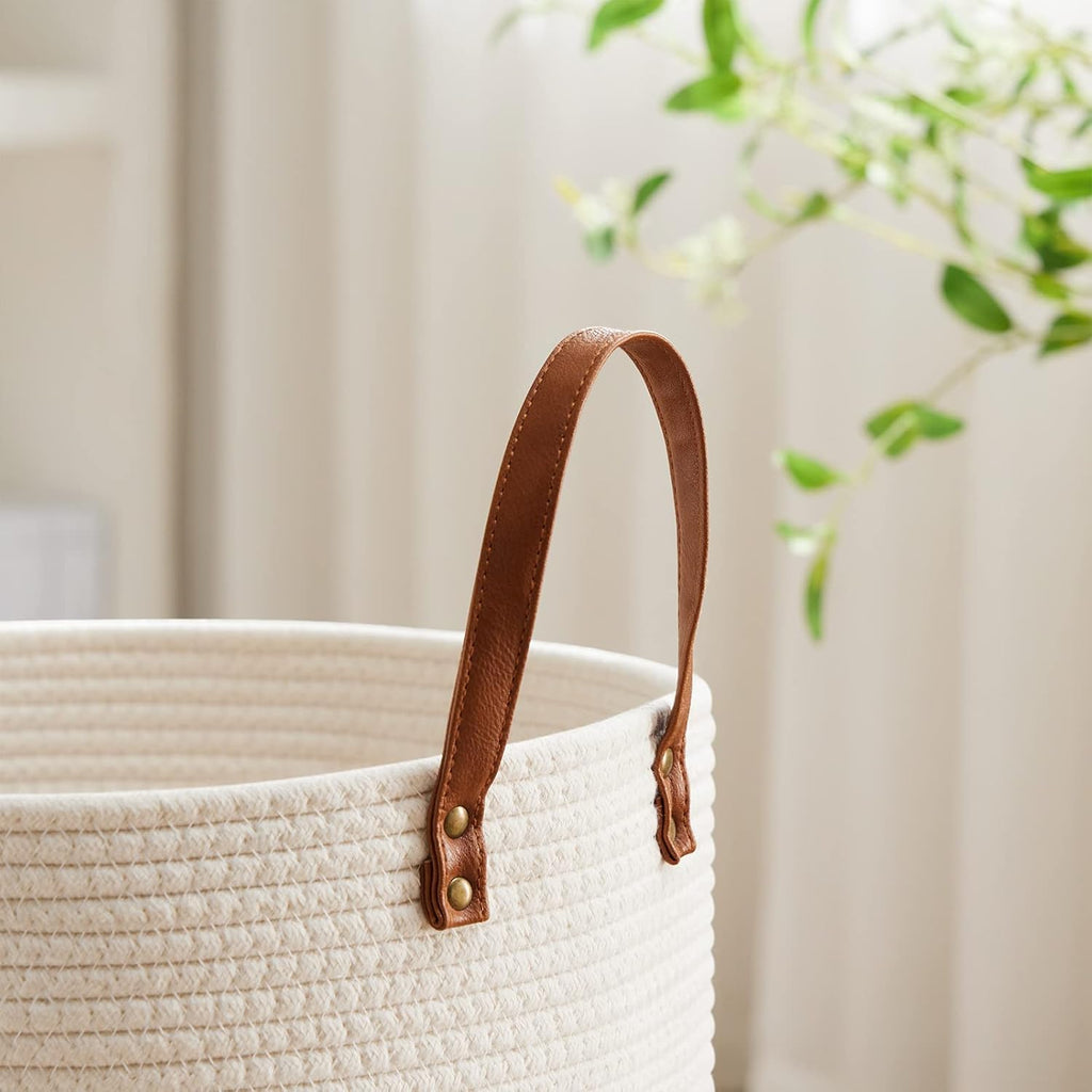 VIPOSCO Small Laundry Basket, Slim Baby Hamper with Leather Handle, Cute Woven Rope Storage Basket for Blanket, Kids Toy, Clothes In Living Room, Bathroom, Bedroom, Nursery Room - 30L White & Brown