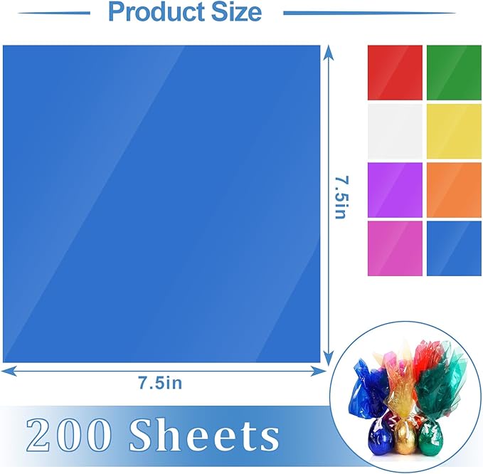 200 Pcs Colored Cellophane Sheets, Cellophane Wrap Paper Color Cello Sheets for Crafts(7.5x7.5 Inches)