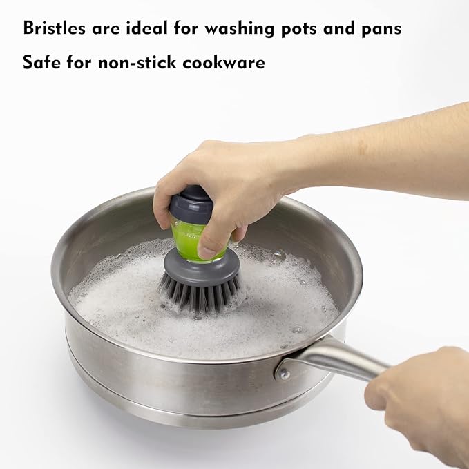 Dish Brush with Soap Dispenser, Kitchen Scrub Brush for Dishes Pots Pans Sink Cleaning, Dish Scrubber with Holder Set (Grey 2-Pack Combo Set)